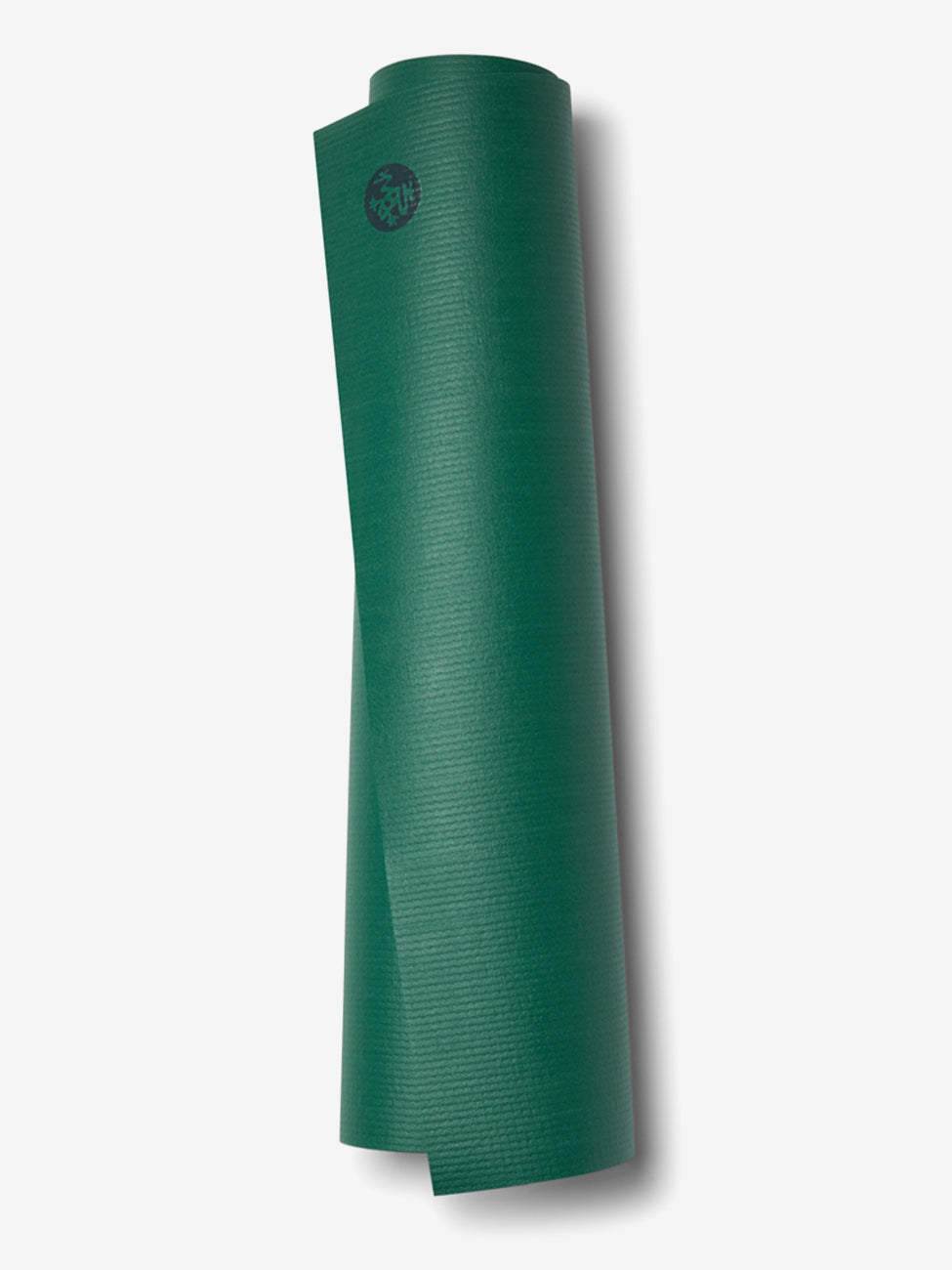Green textured yoga mat rolled up against a white background with visible brand logo on upper part, eco-friendly material, non-slip surface, exercise and fitness accessory, side view.