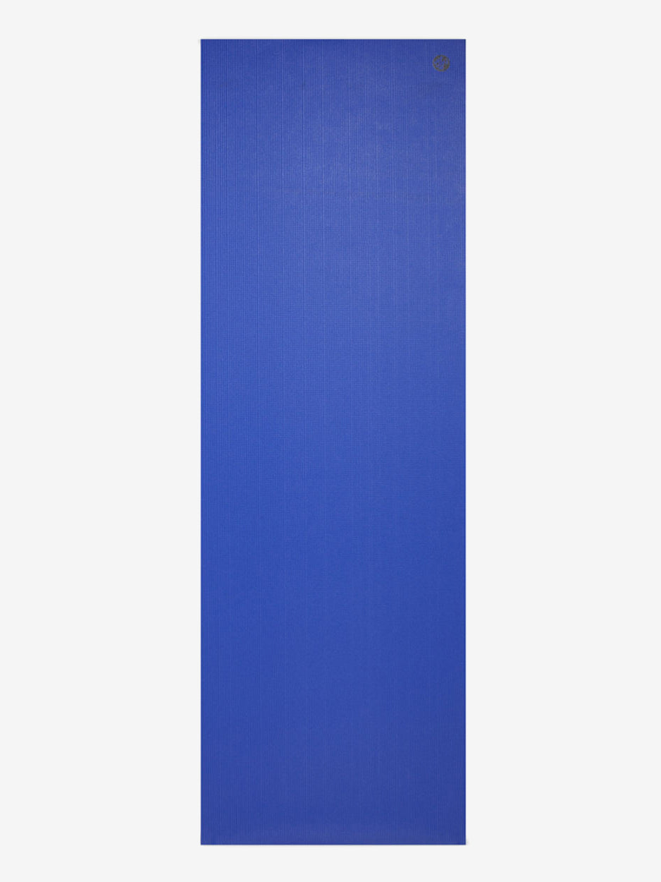 Blue textured yoga mat front view with top logo detail, non-slip exercise mat for fitness and meditation.