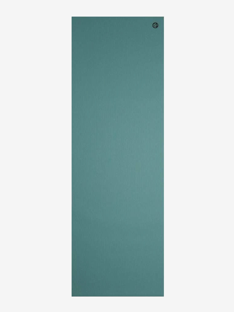 Textured teal yoga mat front view with logo in upper corner, non-slip exercise mat for pilates and fitness