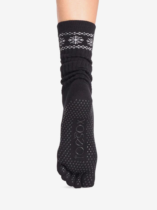 ToeSox Full Toe Slouch Grip Socks - Ebony Snowflake