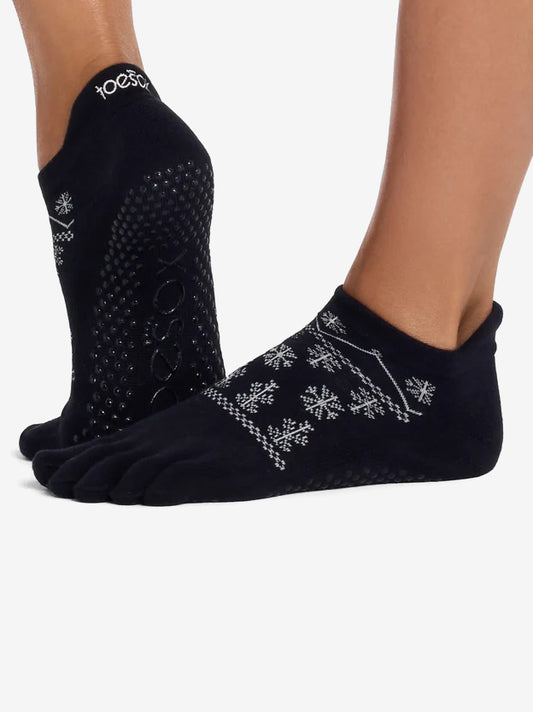 ToeSox Full Toe Low Rise Ultra Fine Knit Grip Socks - Ebony Snowflake