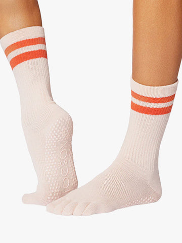 ToeSox Full Toe Crew Grip Socks - Hot Coral Stripe