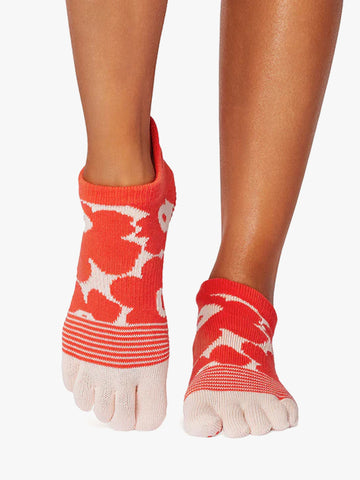 ToeSox Full Toe Low Rise Grip Socks - Hot Coral Floral