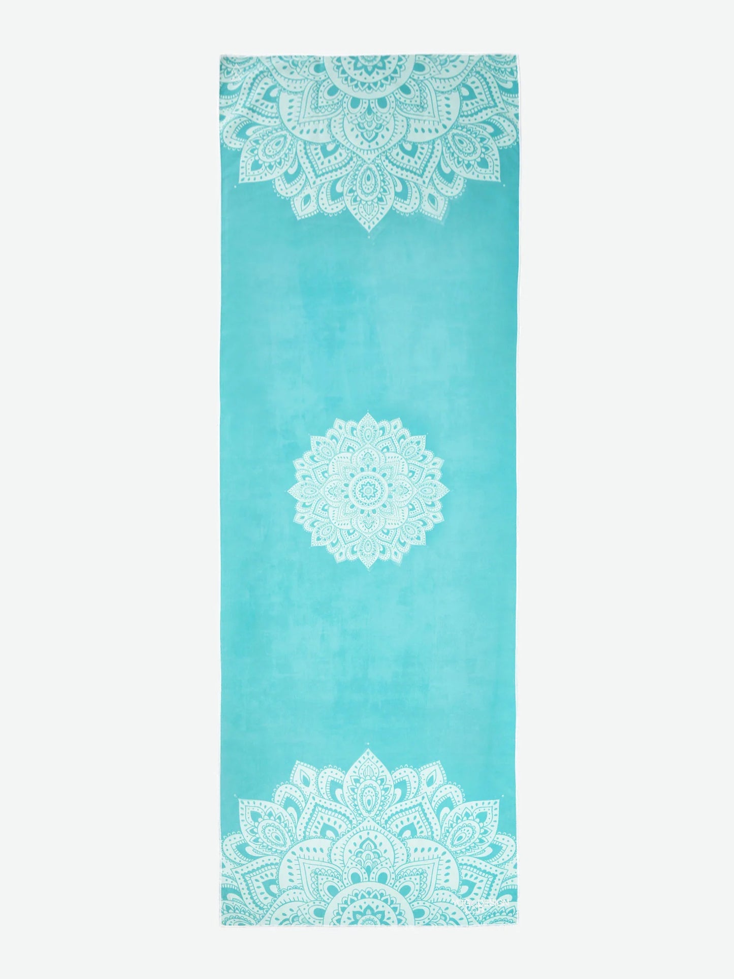 Turquoise yoga mat with white mandala pattern, non-slip texture, front view, fitness and wellness accessory for yoga and pilates.
