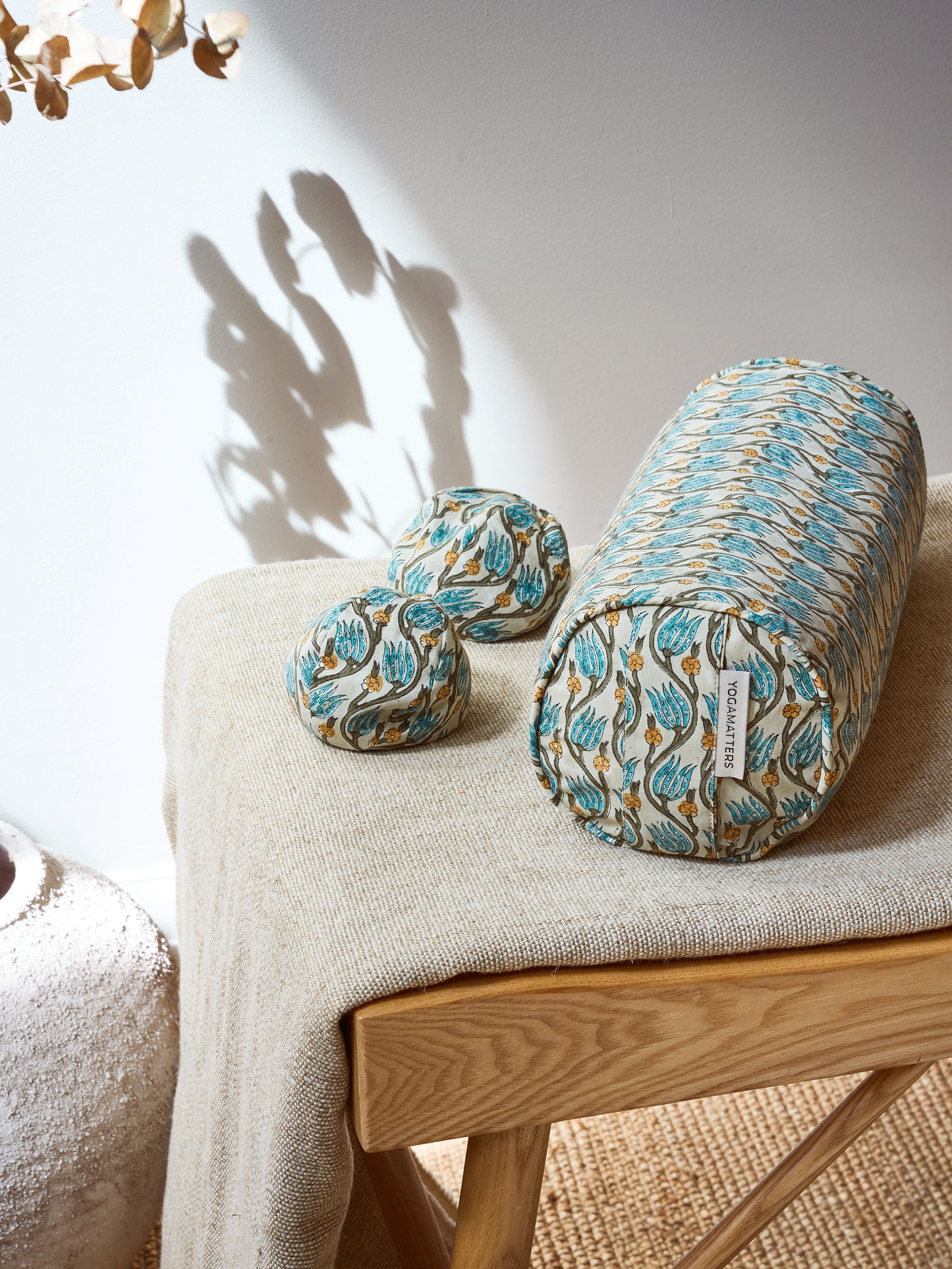 Yogamatters Block Print Pair of Round Hand Pillows - Peace Lily