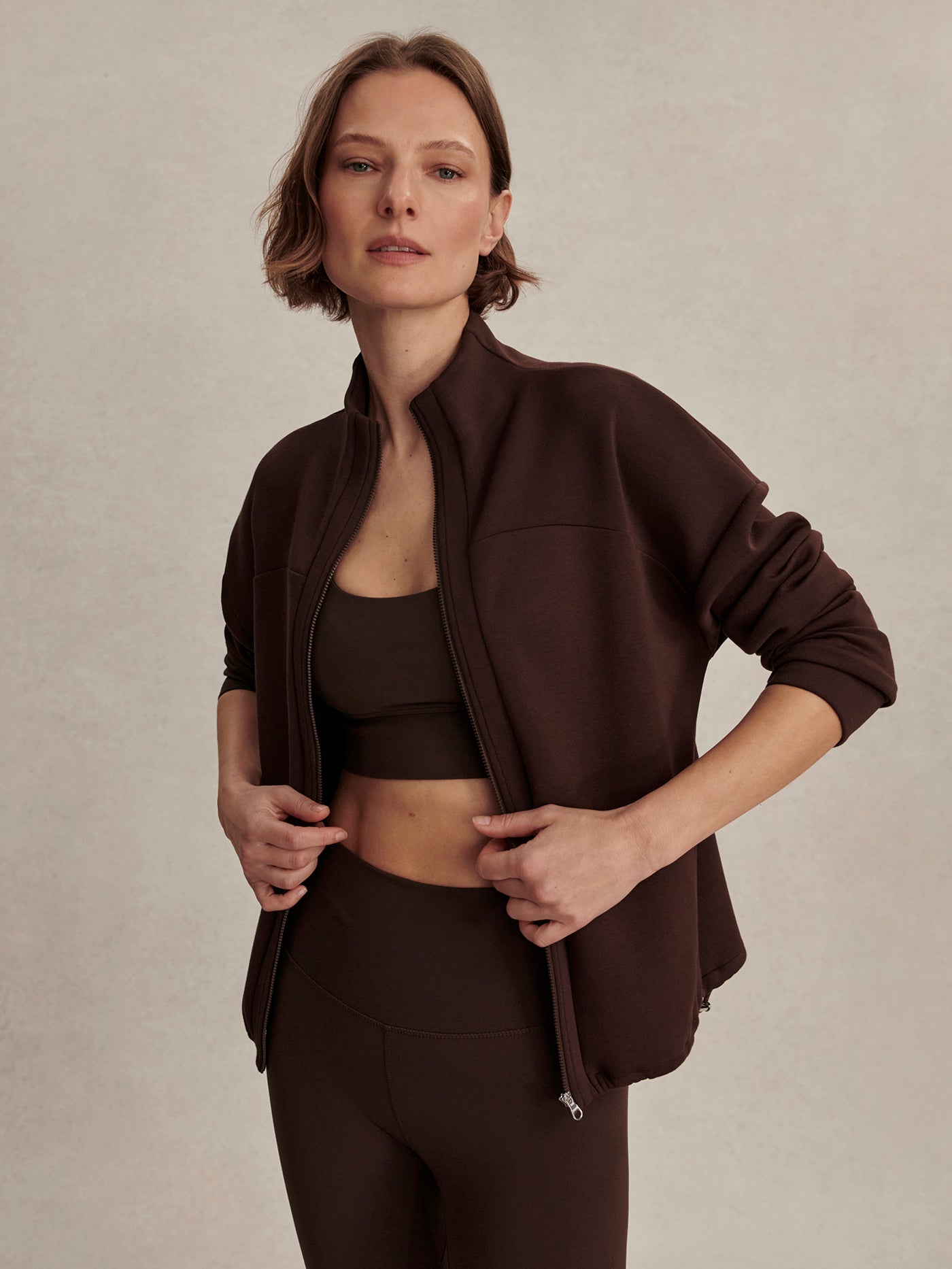Varley Tayah Zip Through Sweat - Coffee Bean
