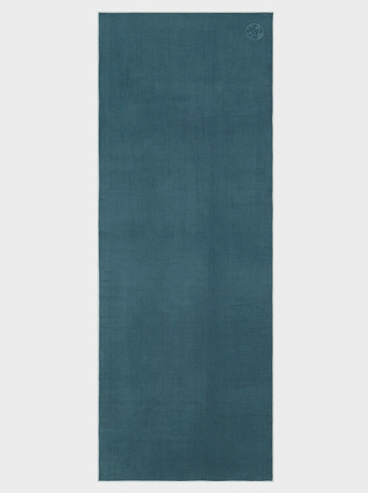 Blue yoga mat front view with textured surface and logo in top corner, eco-friendly non-slip exercise mat.