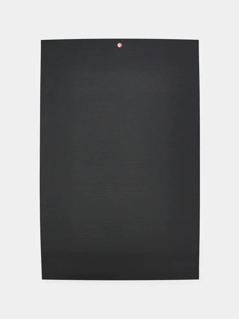 Black textured yoga mat front view with visible brand logo at the top center on white background