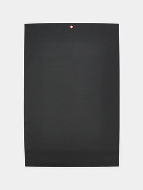 Black textured yoga mat front view with visible brand logo at the top center on white background