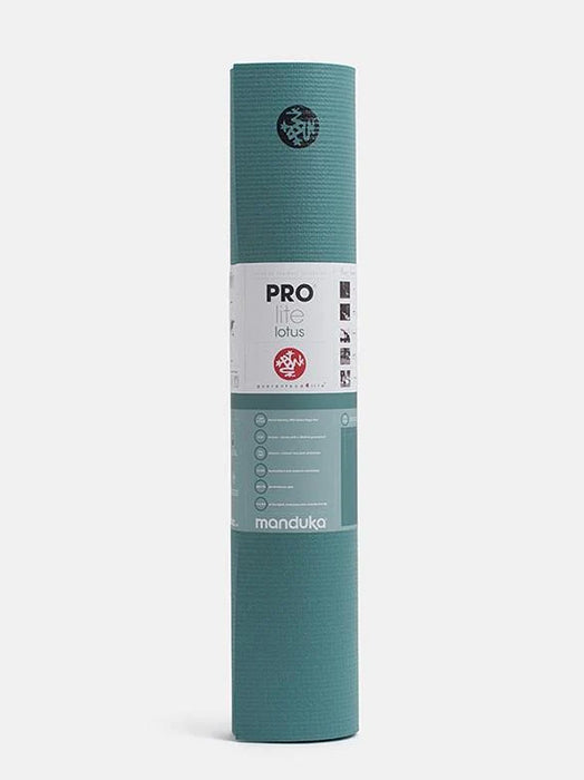 Teal Manduka PROlite yoga mat rolled up, front view with logo and product information, high-performance grip, eco-friendly material, professional quality.