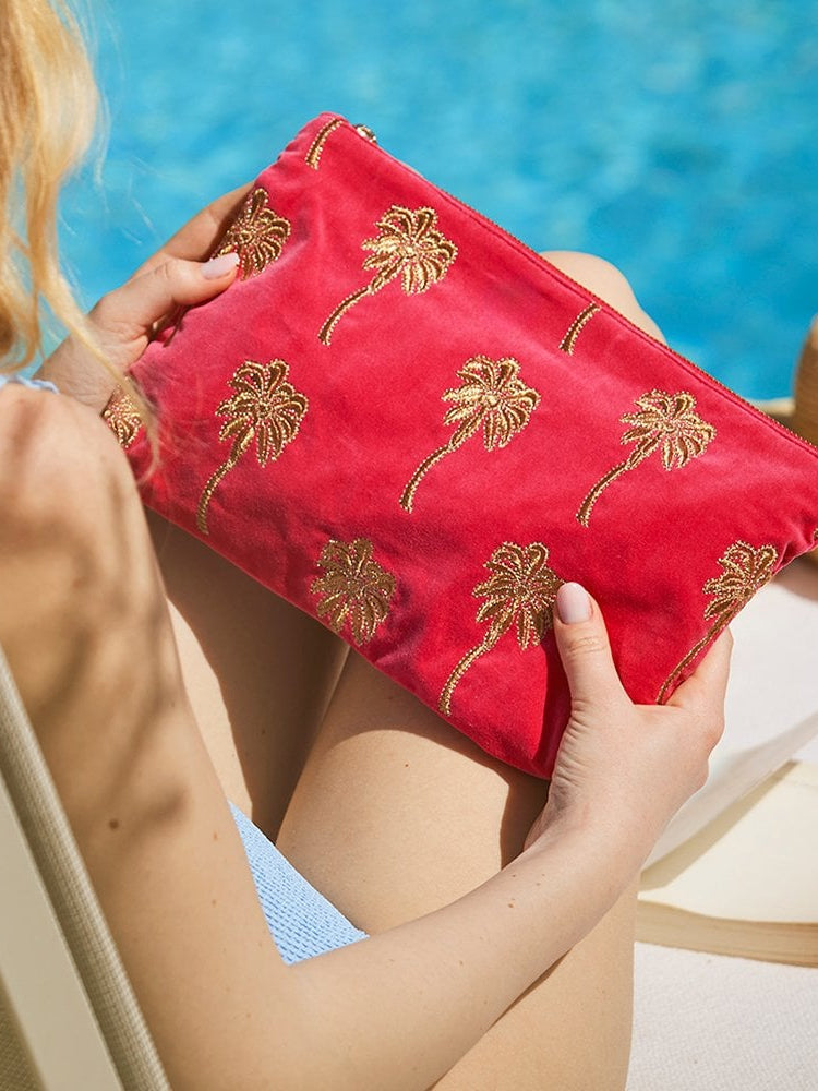 Elizabeth Scarlett Velvet Everyday Pouch - Pink Gold Palm