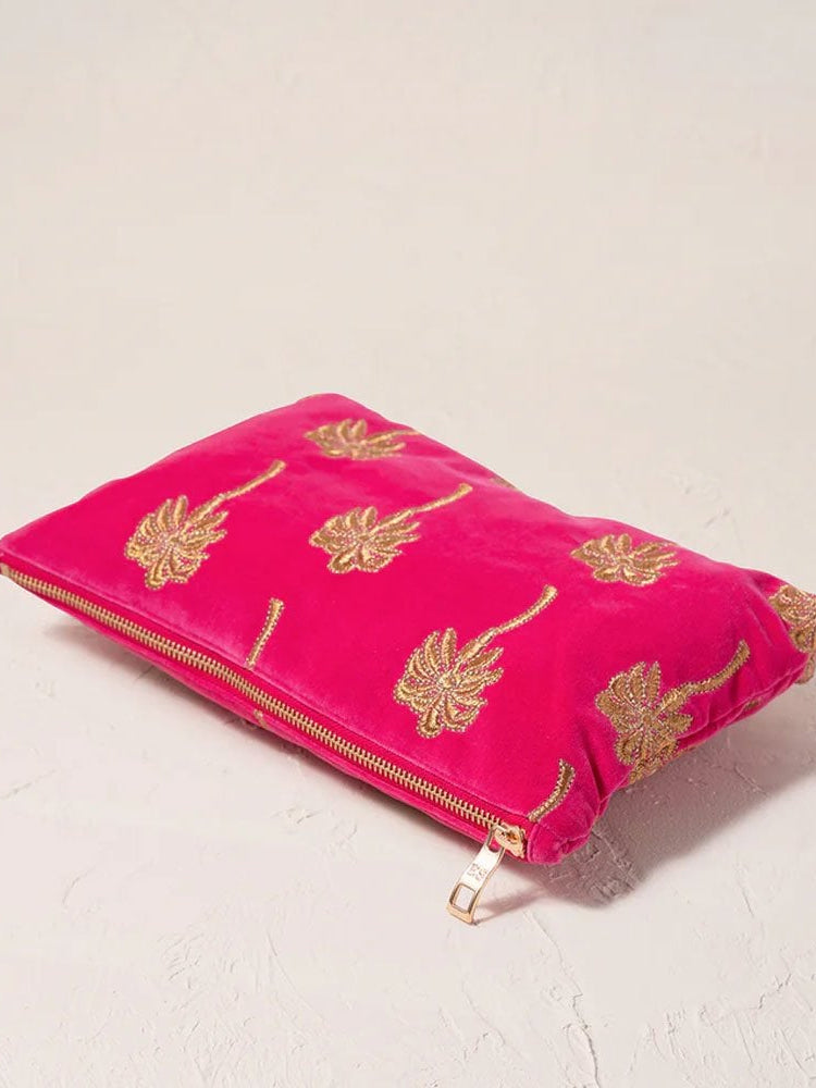 Elizabeth Scarlett Velvet Everyday Pouch - Pink Gold Palm