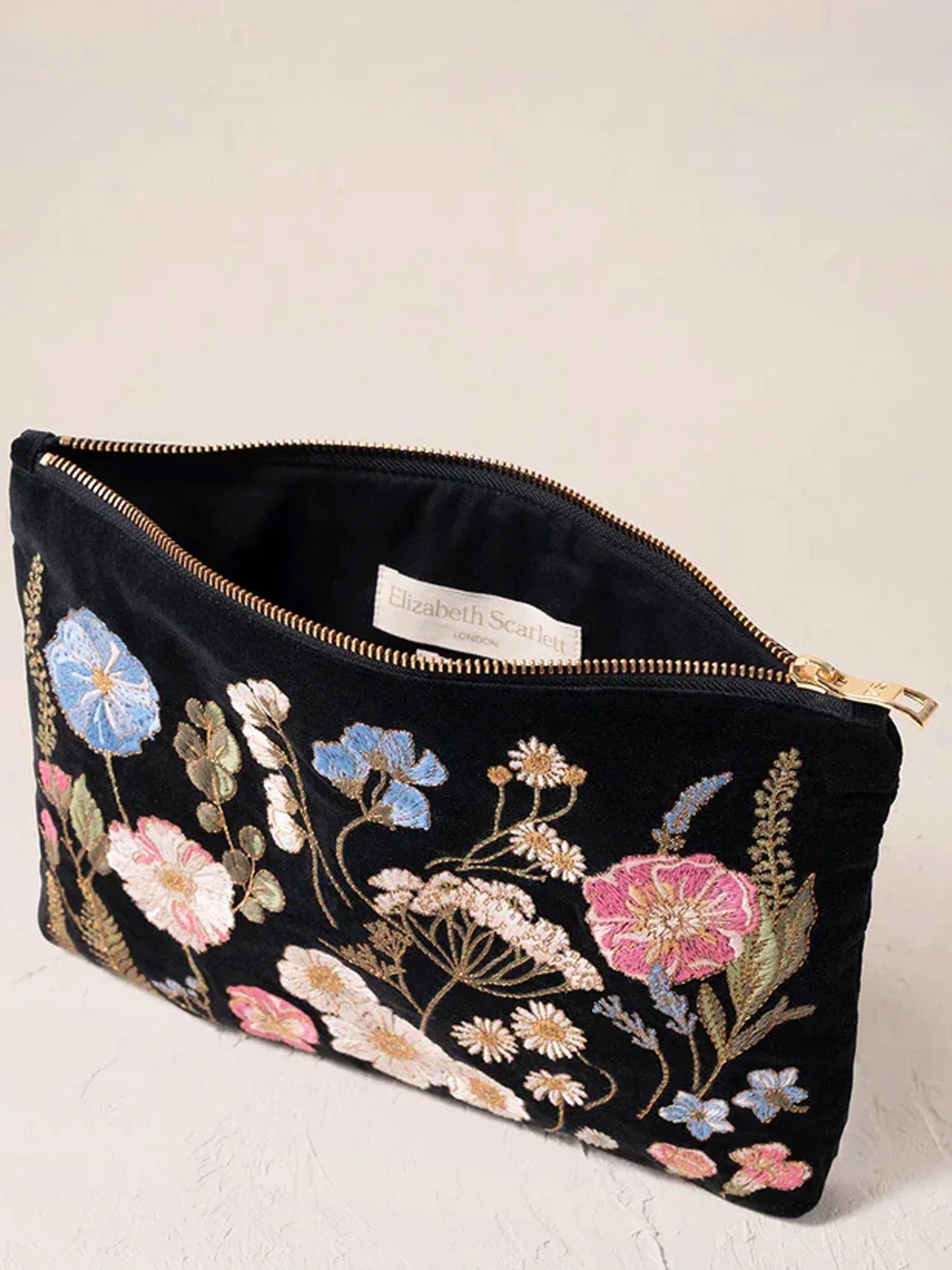 Elizabeth Scarlett Velvet Everyday Pouch - Charcoal Pressed Flowers