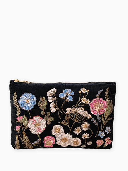 Elizabeth Scarlett Velvet Everyday Pouch - Charcoal Pressed Flowers