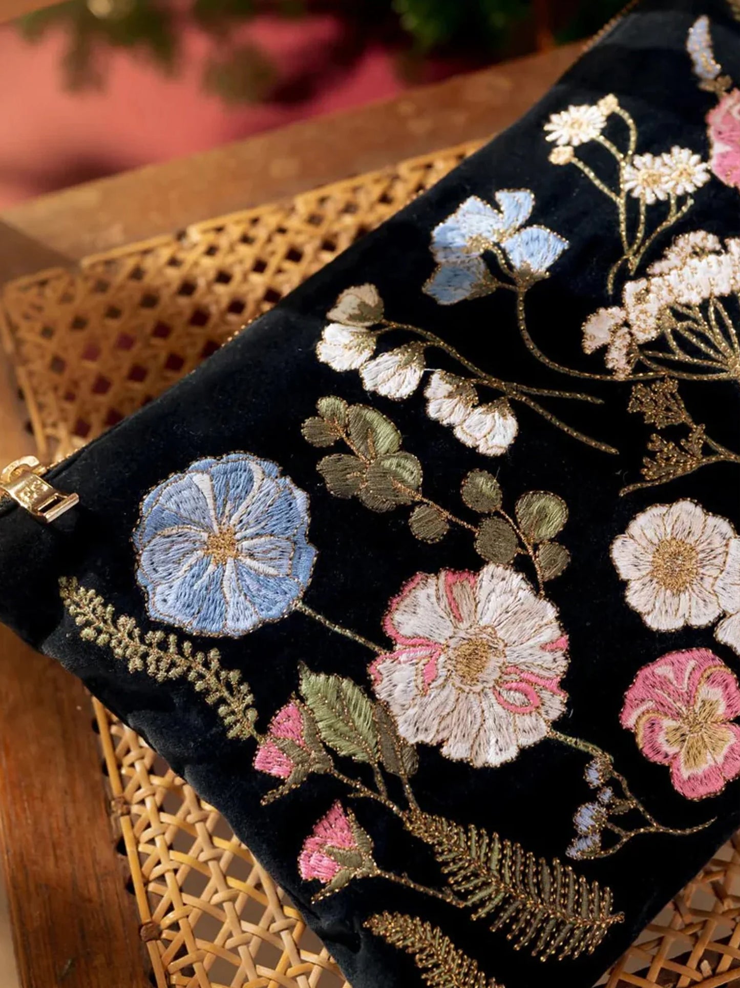 Elizabeth Scarlett Velvet Everyday Pouch - Charcoal Pressed Flowers