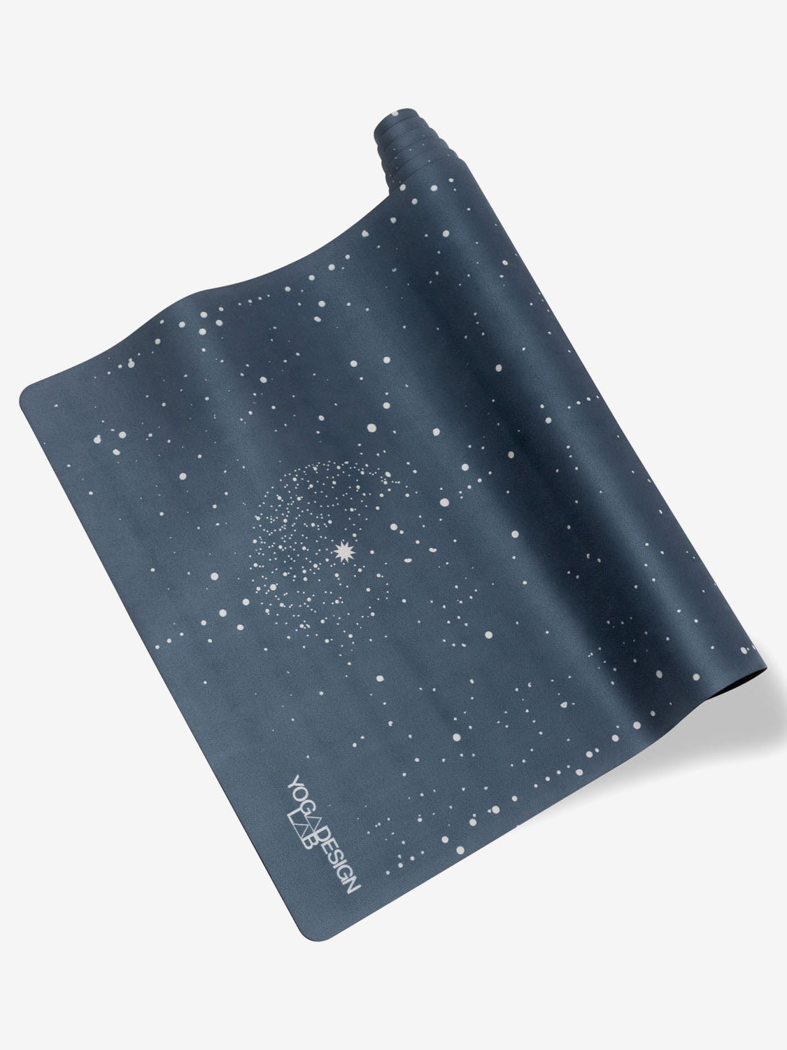 Navy blue YOGA DESIGN high-grip yoga mat with cosmic star pattern, eco-friendly non-slip surface, side view