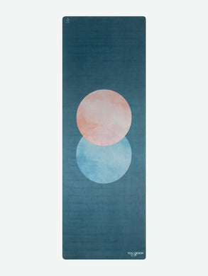 Yoga Design Lab blue yoga mat with pink and light blue circle design, textured non-slip surface, eco-friendly material, stylish front view shot, perfect for fitness and meditation