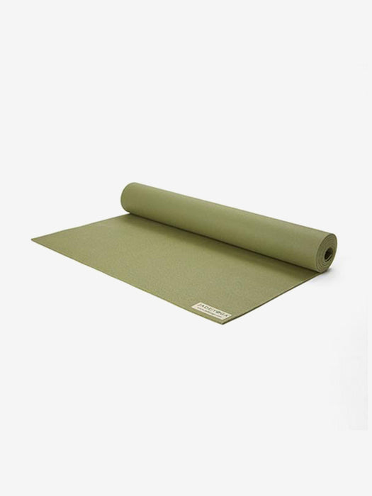 Green yoga mat partially rolled out on a white background with visible brand tag - eco-friendly high-density foam exercise mat side view