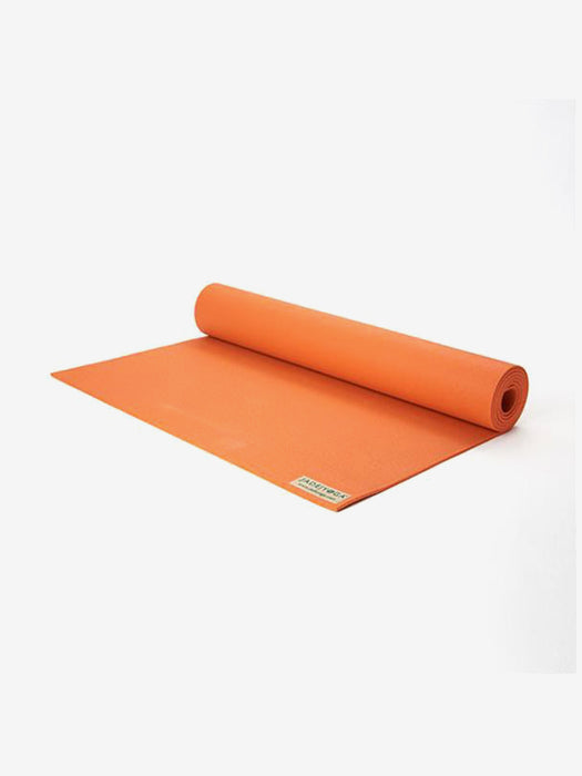 Orange yoga mat partially rolled out with visible brand label, front view on a plain background, non-slip texture, exercise and fitness equipment
