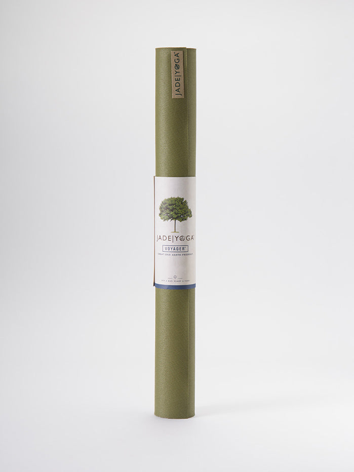 Jade Yoga Voyager olive green yoga mat rolled up, front view on white background, eco-friendly travel yoga mat.
