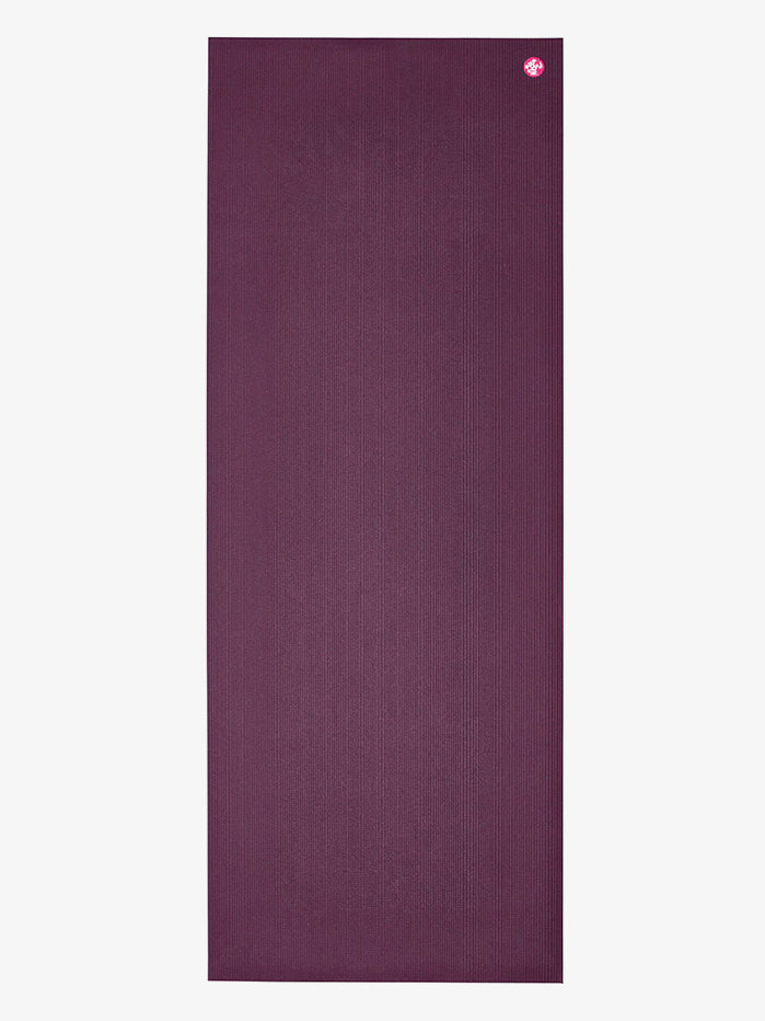 Purple yoga mat front view with textured surface and logo on top right corner, non-slip exercise mat for fitness and meditation