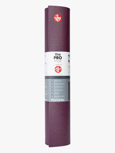 Manduka PRO Yoga Mat front view, high-density cushion, non-slip, performance grip, purple color, eco-friendly, premium 6mm thickness.