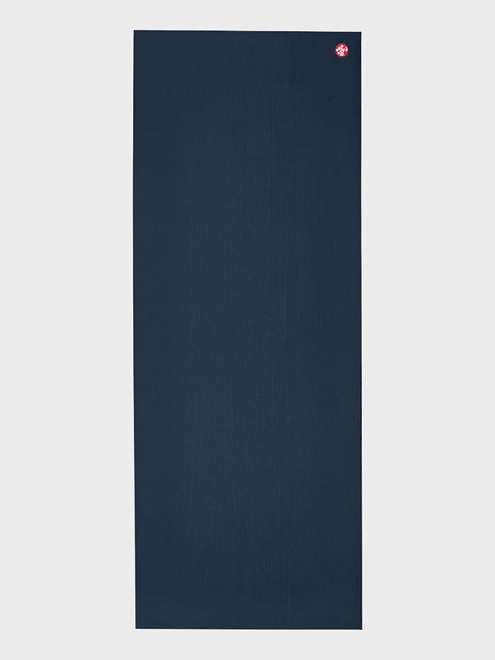 Blue yoga mat front view with textured surface and visible brand logo at the top right corner, non-slip exercise mat for fitness and meditation.