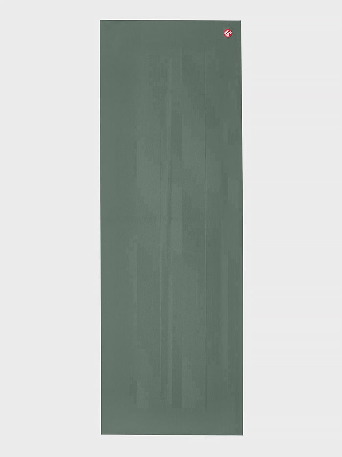 Front view of a green textured yoga mat with visible brand logo in the top corner, eco-friendly non-slip surface, professional yoga gear, studio equipment.