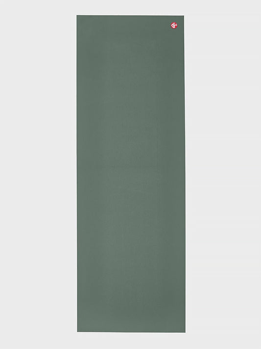 Front view of a green textured yoga mat with visible brand logo in the top corner, eco-friendly non-slip surface, professional yoga gear, studio equipment.