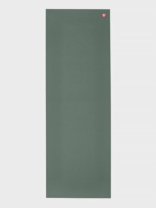 Front view of a green textured yoga mat with visible brand logo in the top corner, eco-friendly non-slip surface, professional yoga gear, studio equipment.