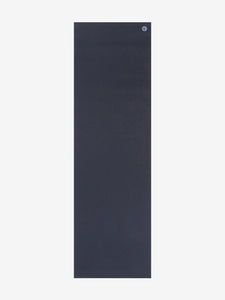 Navy blue yoga mat front view with brand logo in top corner, textured non-slip surface, thick cushioning for comfort, durable exercise mat for fitness and meditation.