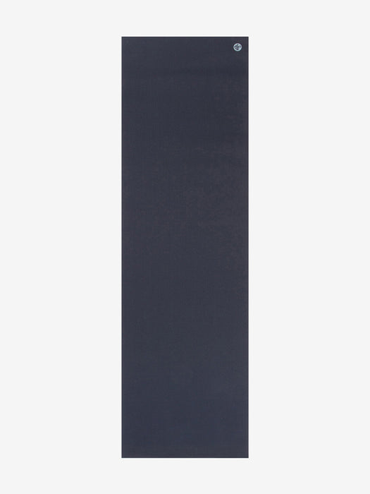 Navy blue yoga mat front view with brand logo in top corner, textured non-slip surface, thick cushioning for comfort, durable exercise mat for fitness and meditation.