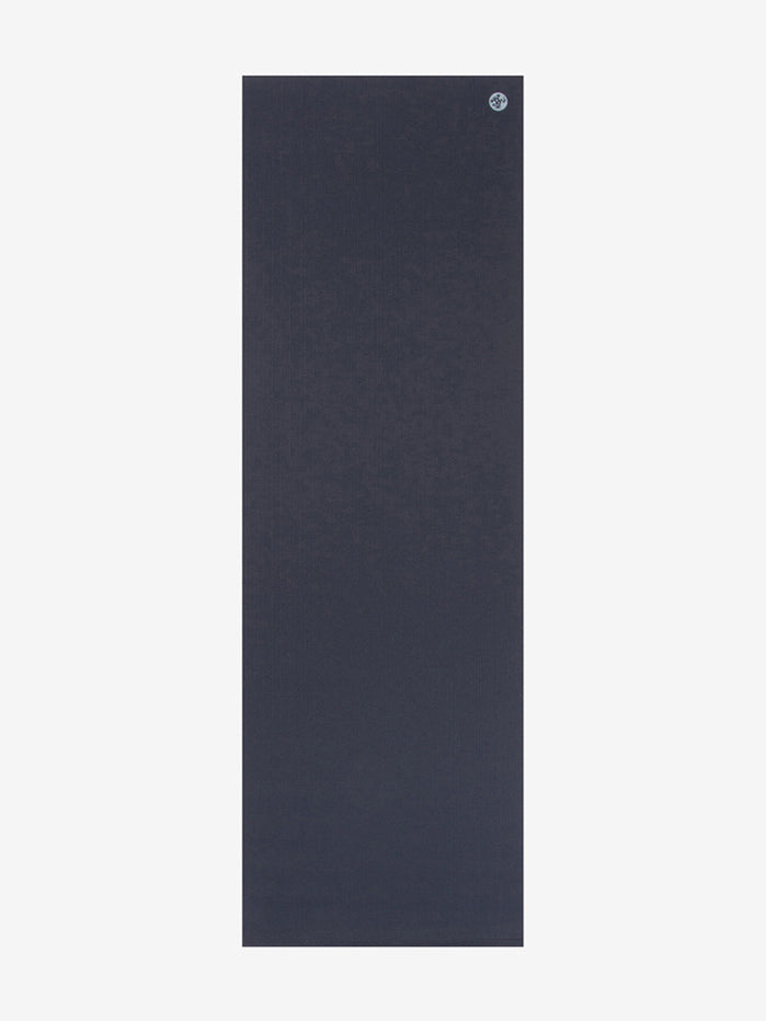Navy blue yoga mat with textured surface and small logo in top corner, non-slip grip, professional quality, fitness accessory, front view on white background