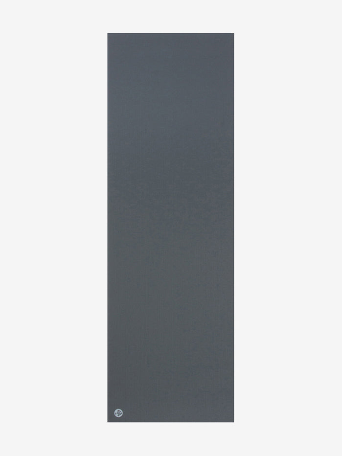 Charcoal grey yoga mat front view with textured surface and small white logo on bottom right corner