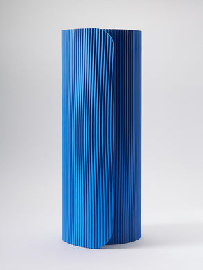 Blue textured yoga mat rolled up, front view on a white background.