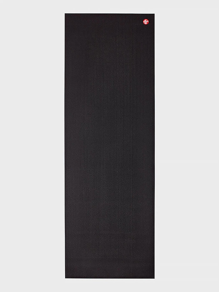 Black textured yoga mat with red logo front view, non-slip surface, high grip performance yoga mat.