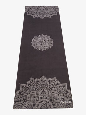 Dark grey yoga mat with mandala pattern, non-slip texture, front view, Yoga Design Lab brand.