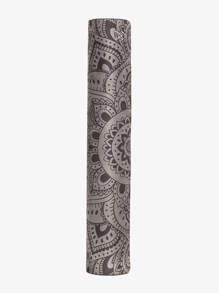 rolled-up gray yoga mat with intricate mandala pattern, non-slip textured surface, side view, fitness and exercise accessory